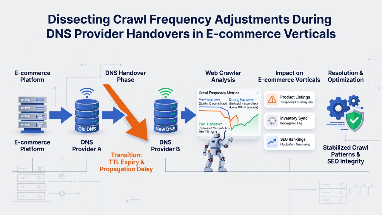 Chart tracking crawl request volumes before, during, and after a DNS provider switch for multiple online retail sites