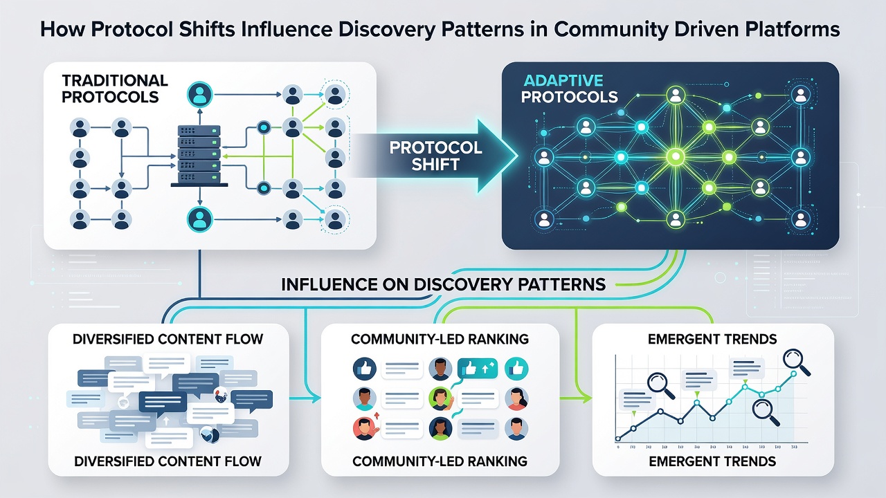 Network diagram illustrating protocol transitions and resulting changes in user discovery flows across community platforms